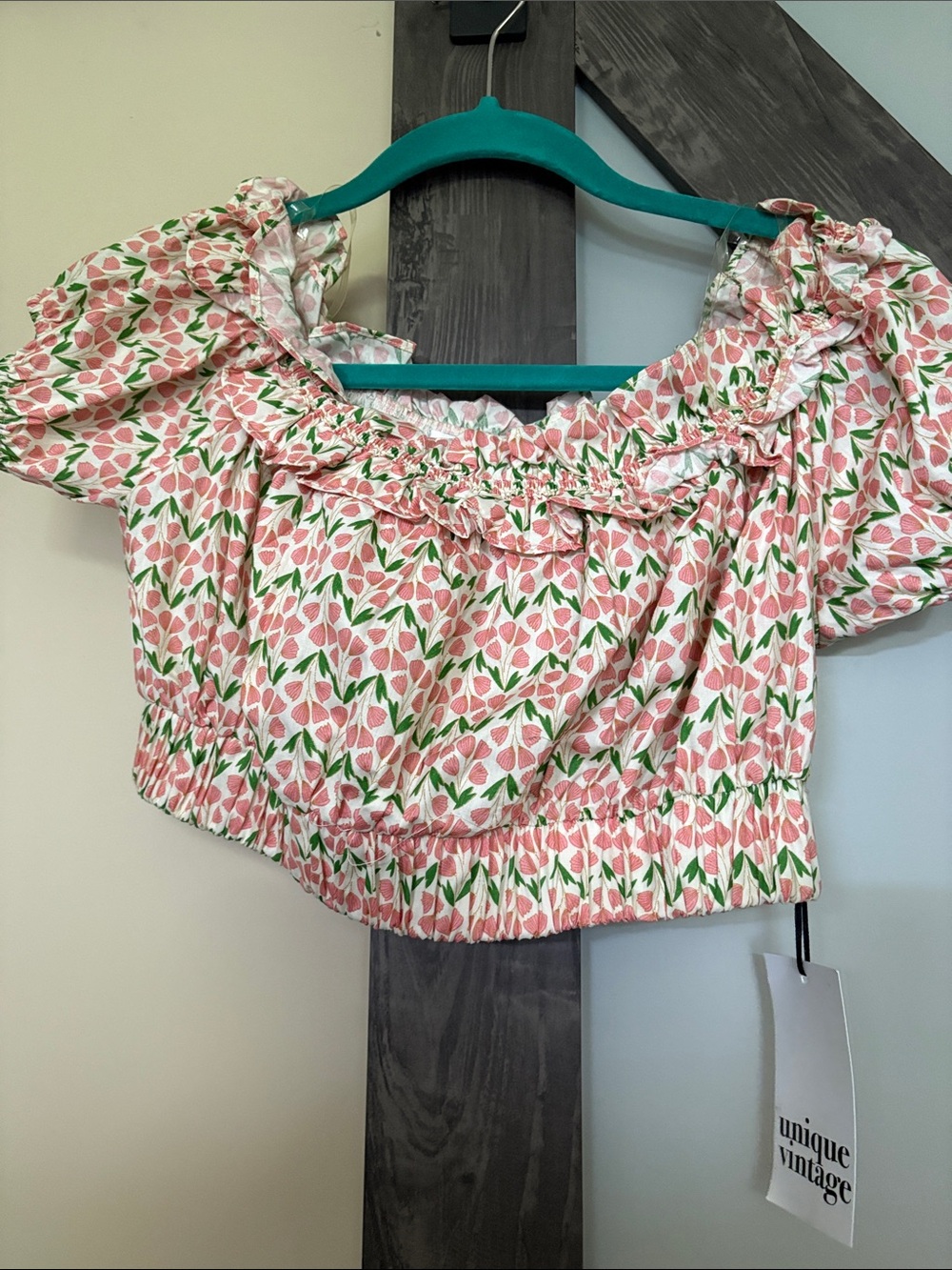 Unique Vintage Pink & Green Floral Off-Shoulder Crop Top